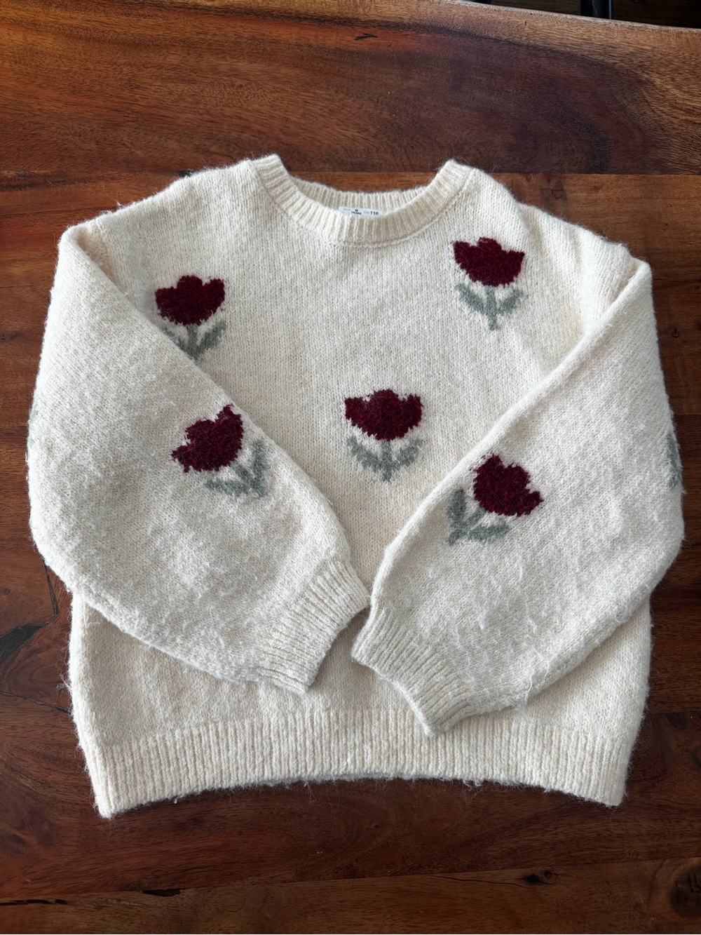 Zara Girls Cream Floral Knit Sweater with Burgundy Tulip Motif